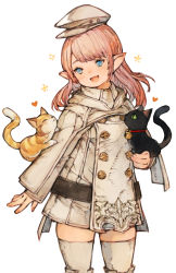 Rule 34 | 1girl, :d, animal, animal on arm, animal on hand, bell, beret, black cat, blue eyes, boots, brown footwear, brown hat, brown jacket, cat, commission, cowboy shot, fang, final fantasy, final fantasy xiv, flower (symbol), hat, heart, highres, holding, holding animal, holding cat, jacket, jingle bell, kemomin nosuke, lalafell, long sleeves, looking at animal, medium hair, neck bell, no sclera, open mouth, orange cat, pink hair, pointy ears, simple background, skeb commission, skin fang, smile, solo, standing, swept bangs, thigh boots, warrior of light (ff14), white background