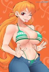 Rule 34 | 1girl, bikini, bikini lift, breasts, cleavage, clothes lift, curvy, denim, flytrapxx, highres, jeans, large breasts, legs, long hair, low ponytail, midriff, nami (one piece), navel, one eye closed, one piece, orange eyes, orange hair, pants, smile, swimsuit, teasing, thick thighs, thighs, thong bikini, tongue, tongue out, unbuttoned, unzipped, wide hips, wink