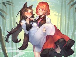 Rule 34 | 2girls, animal ears, bamboo, bamboo forest, blush, breasts, brooch, brown hair, carrying, commentary request, commission, dress, flustered, forest, frilled sleeves, frills, high heels, horikawa raiko, imaizumi kagerou, jacket, jewelry, large breasts, long hair, long sleeves, looking at another, multicolored clothes, multicolored dress, multiple girls, nature, necktie, open clothes, open jacket, open mouth, pink necktie, princess carry, red eyes, red hair, short hair, skeb commission, skirt, sweatdrop, tail, teeth, tongue, touhou, upper teeth only, wankosoba (wanwan soba), white jacket, white skirt, wolf ears, wolf girl, wolf tail, yuri