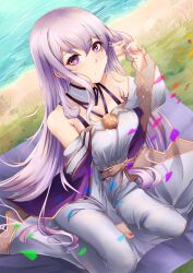Rule 34 | 1girl, absurdres, bare shoulders, breasts, commentary, dress, fire emblem, fire emblem: genealogy of the holy war, highres, julia (fire emblem), long hair, looking at viewer, medium breasts, nintendo, purple eyes, purple hair, sitting, solo, tapume, wariza