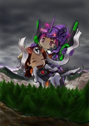 Rule 34 | 2girls, :&gt;, angel (evangelion), battle, biting, chibi, closed eyes, cosplay, crying, ear biting, eating, eva 01, forest, giant, giantess, laughing, long hair, mecha, mecha musume, multiple giantesses, multiple girls, nature, neon genesis evangelion, parody, personification, pink hair, purple eyes, red hair, robot, science fiction, short hair, spoilers, tears, tickling, tickling ears, zeruel (evangelion)
