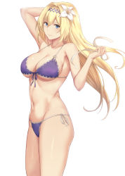 Rule 34 | 1girl, arm up, bare shoulders, bikini, blonde hair, blush, breasts, cleavage, closed mouth, collarbone, diadem, flower, front-tie bikini top, front-tie top, granblue fantasy, hair between eyes, hair flower, hair intakes, hair ornament, hair ribbon, hand in own hair, has bad revision, has downscaled revision, highres, jeanne d&#039;arc (granblue fantasy), large breasts, lily (flower), long hair, looking at viewer, md5 mismatch, navel, purple bikini, resolution mismatch, ribbon, simple background, smile, solo, source smaller, swimsuit, terry (pixiv3274443), white background, white flower, white ribbon