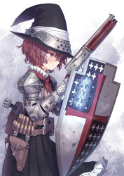 Rule 34 | 1girl, armor, breastplate, closed mouth, commentary request, cuirass, dress, frilled skirt, frills, from side, gauntlets, green skirt, gun, hair between eyes, hat, highres, holding, holding gun, holding shield, holding weapon, holster, long skirt, original, pauldrons, red eyes, red hair, samaru (seiga), shield, short hair, shotgun, shoulder armor, skirt, solo, upper body, weapon, weapon request, witch, witch hat