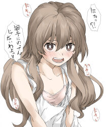 Rule 34 | 1girl, aisaka taiga, blush, brown eyes, brown hair, collarbone, elf (stroll in the woods), highres, long hair, looking at viewer, open mouth, simple background, solo, sweat, toradora!, white background