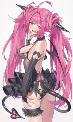 Rule 34 | 1girl, ahoge, ass, black bow, black choker, black gloves, black horns, black panties, black tank top, black wings, blue eyes, blush, bow, bow panties, bridal gauntlets, choker, clothing cutout, covered erect nipples, deep skin, demon girl, demon horns, demon tail, demon wings, elbow gloves, eyelashes, fang, fingerless gloves, fingernails, frills, gem, gloves, grey background, hair ornament, hand on own face, heart, heart cutout, heart hair ornament, highres, horns, long eyelashes, long fingernails, long hair, messy hair, mini wings, multicolored horns, nail polish, noy, open mouth, original, panties, pink gemstone, pink hair, pink horns, pink nails, purple wings, simple background, solo, tail, tank top, thigh strap, tongue, twintails, two-tone wings, underwear, very long fingernails, very long hair, wings