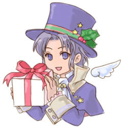 Rule 34 | 1boy, blue hair, christmas, frederic chopin, fuju, gift, hat, holding, holding gift, holly, lowres, male focus, short hair, solo, top hat, trusty bell, white background, wings