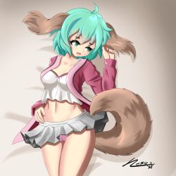 Rule 34 | 1girl, ahoge, animal ears, artist name, bed sheet, cameltoe, collarbone, commentary, cowboy shot, crop top, green eyes, green hair, grey skirt, hand up, head tilt, highres, jacket, kasodani kyouko, long sleeves, lying, midriff, miniskirt, navel, on back, open clothes, open jacket, panties, pentagram, pink jacket, pink panties, pleated skirt, shadow, shirt, short hair, signature, skirt, solo, stomach, tail, thighs, touhou, underwear, weaver neith, white shirt