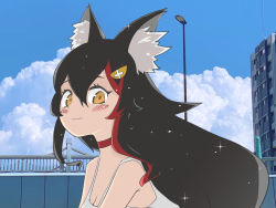 Rule 34 | 1girl, animal ear fluff, animal ears, black hair, blue sky, blush, brown eyes, building, choker, commentary request, day, from side, hair ornament, hololive, kani bonara, lamppost, long hair, looking at viewer, multicolored hair, ookami mio, outdoors, red choker, red hair, sky, smile, solo, streaked hair, upper body, virtual youtuber, wolf ears, wolf girl