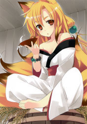 Rule 34 | 1girl, absurdres, alcohol, animal ears, bare shoulders, barrel, blonde hair, bracelet, brown eyes, collarbone, hair ornament, highres, indian style, japanese clothes, jewelry, kimono, long hair, no pupils, open mouth, sake, sitting, solo, source request, tail, tatsukichi