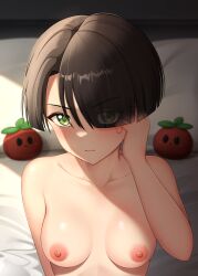 Rule 34 | 1girl, bed sheet, blurry, blurry background, blush, breasts, brown hair, closed mouth, collarbone, eyes visible through hair, girls und panzer, girls und panzer saishuushou, green eyes, hair over one eye, hand up, highres, looking at viewer, medium breasts, nipples, paid reward available, pillow, short hair, sidelighting, solo, st. gloriana&#039;s student (girls und panzer saishuushou), stuffed tomato, upper body, v-shaped eyebrows, vanilla (girls und panzer), yisusjpl
