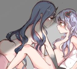 Rule 34 | 2girls, black hair, blue eyes, blush, breasts, colored skin, commentary request, from side, grey hair, grey skin, hair between eyes, hair ornament, heart, heart hair ornament, highres, knight of despair, lobotomy corporation, long hair, looking at another, makihako bunko, medium breasts, multiple girls, nude, open mouth, project moon, queen of hatred, saliva, saliva trail, sketch, small breasts, yellow eyes, yuri