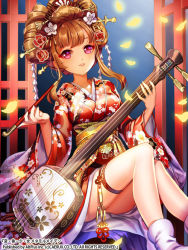 Rule 34 | 1girl, brown hair, character request, dress, esphy, floral print, flower, hair flower, hair ornament, hair up, hen-shin-shou-jo metamol maiden, instrument, japanese clothes, jewelry, kanzashi, kimono, kiseru, long sleeves, lots of jewelry, petals, smoking pipe, red dress, red eyes, sitting, smile, solo