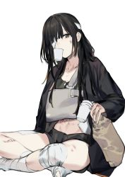 Rule 34 | 1girl, abs, alternate costume, arm sling, bandage over one eye, bandaged leg, bandages, black hair, brown eyes, bruise, bruise on face, cup, disposable cup, duoyuanjun, field ration, girls&#039; frontline, highres, injury, jacket, jacket on shoulders, m16a1 (girls&#039; frontline), field ration, one eye covered, shorts, solo