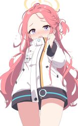 Rule 34 | 1girl, absurdres, blue archive, blush, cowboy shot, flying sweatdrops, forehead, highres, jacket, long hair, long sleeves, looking at viewer, open mouth, purple eyes, red hair, simple background, solo, white background, white jacket, yukisiannn, yuzu (blue archive)