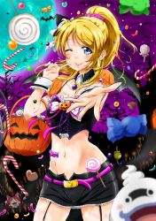 Rule 34 | 1girl, ayase eli, bat (animal), blonde hair, blue eyes, blurry, blush, breasts, candy, candy cane, cleavage, depth of field, detached collar, food, full moon, garter straps, groin, halloween, halloween bucket, long hair, love live!, love live! school idol festival, love live! school idol project, medium breasts, moon, navel, one eye closed, outstretched hand, pink scrunchie, ponytail, purple sky, scrunchie, shogo (4274732), short shorts, shorts, sky, smile, solo, thighs