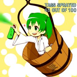 Rule 34 | 1girl, bucket, can, collarbone, copyright name, female focus, grand theft auto, grand theft auto: san andreas, green eyes, green hair, heart, i.u.y, in bucket, in container, kisume, long sleeves, matching hair/eyes, open mouth, rockstar, short hair, solo, spray can, teeth, text focus, touhou, twintails, wide sleeves