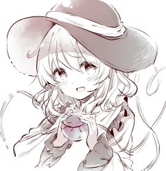 Rule 34 | 1girl, blush, commentary request, frilled sleeves, frills, hat, heart, heart of string, holding, komeiji koishi, long sleeves, looking at viewer, medium hair, monochrome, open mouth, sekisei (superego51), shirt, smile, solo, touhou, upper body, wide sleeves