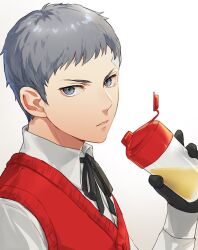 Rule 34 | 1boy, black gloves, collared shirt, cup, gloves, gradient background, grey background, grey eyes, grey hair, holding, holding cup, isa (peien516), long sleeves, looking at viewer, male focus, neck ribbon, persona, persona 3, red sweater vest, ribbon, sanada akihiko, shirt, simple background, solo, sweater vest, upper body, white background, white shirt
