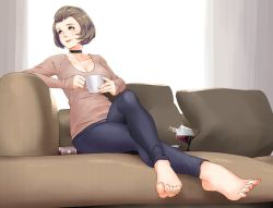 Rule 34 | 1girl, alcohol, alternate costume, bad feet, barefoot, bottle, breasts, brown eyes, brown hair, choker, cleavage, closed mouth, commission, couch, cup, eyeshadow, feet, female focus, fire emblem, fire emblem: three houses, full body, holding, holding cup, igni tion, large breasts, long sleeves, looking to the side, makeup, manuela casagranda, matching hair/eyes, medium hair, mole, mole under eye, mug, nintendo, pillow, smile, solo, toes
