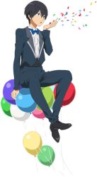 Rule 34 | 10s, 1boy, balloon, black hair, blowing, blue eyes, bow, bowtie, cleaned, confetti, dress shirt, free!, full body, hand up, high speed!, male focus, nanase haruka (free!), official art, pants, shirt, shoes, short hair, sitting, solo, transparent background, tuxedo, aged down