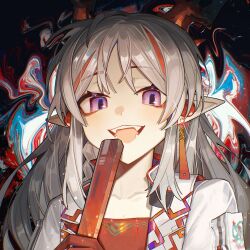 Rule 34 | 1girl, abstract background, acidinjection, arknights, close-up, collared jacket, dragon girl, dragon horns, earrings, evil smile, fangs, glint, grey hair, highres, holding, horns, jacket, jewelry, light particles, long hair, looking at viewer, multicolored hair, nian (arknights), open clothes, open jacket, open mouth, orange hair, orange horns, pink eyes, pointy ears, portrait, smile, solo, streaked hair, teeth, white jacket