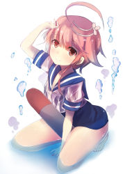 Rule 34 | 10s, 1girl, absurdres, ahoge, bad id, bad pixiv id, between legs, hair ornament, highres, i-58 (kancolle), kantai collection, looking at viewer, neckerchief, pink eyes, pink hair, ryuuji teitoku, sailor collar, school swimsuit, school uniform, serafuku, short hair, smile, solo, swimsuit, swimsuit under clothes, torpedo, type 95 torpedo, wading, wet, wet clothes, white background