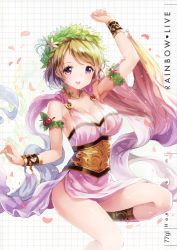 Rule 34 | 10s, 1girl, 77gl, :d, absurdres, arm up, armlet, blonde hair, bracelet, breasts, cleavage, collarbone, cowboy shot, dancer, glint, halterneck, head wreath, highres, jewelry, koizumi hanayo, large breasts, leg up, looking at viewer, love live!, love live! school idol festival, love live! school idol project, open mouth, parted lips, petals, purple eyes, sash, short hair, smile, solo, teeth, underbust, wreath