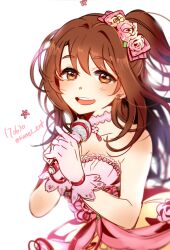 Rule 34 | 1girl, blurry, breasts, brown eyes, brown hair, choker, cleavage, commentary request, dated, dress, earrings, flower, gloves, hair flower, hair ornament, holding, holding microphone, idolmaster, idolmaster cinderella girls, jewelry, korean commentary, long hair, medium breasts, microphone, one side up, open mouth, pink choker, pink dress, pink gloves, shimamura uzuki, smile, solo, tianel ent, twitter username, upper body