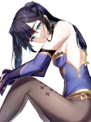 Rule 34 | 1girl, arm rest, armpit crease, bare shoulders, black hair, black leotard, black pantyhose, black ribbon, blue leotard, blue sleeves, blunt bangs, breasts, detached sleeves, earrings, eyelashes, feet out of frame, from side, genshin impact, glint, gold trim, green eyes, hair ribbon, highres, jewelry, knees up, leotard, long hair, long sleeves, looking at viewer, mona (genshin impact), no cape, pantyhose, parted lips, ponytail holder, pudding cream, ribbon, shiny clothes, sidelocks, simple background, sitting, small breasts, solo, sparkle print, star (symbol), star earrings, strapless, strapless leotard, swept bangs, thighs, twintails, white background