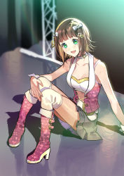 Rule 34 | 1girl, :d, amami haruka, bad id, bad pixiv id, blunt bangs, boots, bow, bra, breasts, brown hair, choker, cleavage, collarbone, green eyes, grey skirt, hair bow, hair ornament, heart, heart choker, highres, idolmaster, idolmaster (classic), knee boots, medium breasts, midriff, miniskirt, open mouth, pink diamond 765, pink footwear, pote-mm, short hair, sitting, skirt, smile, solo, stage, stomach, thighhighs, underwear, white bow, white bra, white choker, white thighhighs
