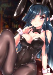 Rule 34 | 1girl, alternate costume, animal ears, black bow, black bowtie, black hair, black leotard, black pantyhose, bow, bowtie, breasts, covered navel, detached collar, fake animal ears, hair over one eye, hayashimo (kancolle), hime cut, kantai collection, kumichou (nakasato-gumi), leotard, long hair, medium breasts, pantyhose, playboy bunny, rabbit ears, red eyes, solo, strapless, strapless leotard, very long hair, wrist cuffs