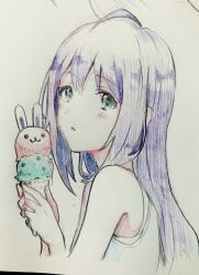 Rule 34 | 1girl, ahoge, animal-themed food, bare arms, blue tank top, blush stickers, bra, commentary request, eyelashes, food, from side, green eyes, highres, holding, holding food, holding ice cream, ice cream, ice cream cone, idolmaster, idolmaster million live!, long hair, looking at viewer, mochizuki anna, parted lips, photo (medium), purple hair, solo, tank top, traditional media, underwear, upper body, white bra, witoi (roa)