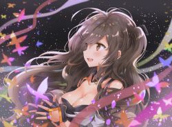 Rule 34 | 1girl, :d, bad id, bad pixiv id, bare shoulders, black gloves, blush, breasts, brown eyes, brown hair, cleavage, commentary, fingerless gloves, fingernails, from side, girls&#039; frontline, gloves, hair ornament, hairclip, hands up, k2 (girls&#039; frontline), large breasts, long hair, looking away, melings (aot2846), one side up, open mouth, smile, solo, teeth, upper teeth only, very long hair