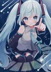 Rule 34 | 1girl, aqua eyes, aqua hair, aqua nails, aqua necktie, bare shoulders, boots, child, detached sleeves, frilled skirt, frills, full body, hair between eyes, hair ornament, hatsune miku, headset, highres, kneeling, light blush, long sleeves, moeko (moeko0903), nail polish, necktie, open mouth, pointing, shooting star, skirt, sky, solo, space, star (sky), starry sky, teeth, thigh boots, thighhighs, twintails, vocaloid