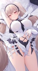 Rule 34 | 1girl, absurdres, arm behind head, arm up, armpits, azur lane, black choker, breasts, bridal gauntlets, center opening, choker, clothing cutout, dress, formidable (azur lane), formidable (timeless classics) (azur lane), headdress, highres, large breasts, long hair, looking at viewer, lying, navel, neckerchief, official alternate costume, on back, parted lips, pillow, red eyes, revealing clothes, side cutout, sleeveless, sleeveless dress, slit pupils, snow is, solo, stomach, thighs, twintails, very long hair, white dress, white hair