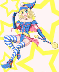 Rule 34 | absurdres, bare shoulders, blonde hair, blush, dark magician girl, duel monster, fang, green eyes, happy, highres, open mouth, panties, staff, striped clothes, striped legwear, striped panties, thighhighs, underwear, yu-gi-oh!, yu-gi-oh! duel monsters