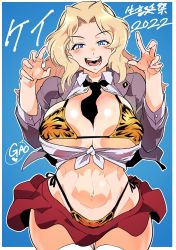 Rule 34 | 1girl, absurdres, animal print, between breasts, blonde hair, blue eyes, bra, breasts, chinese zodiac, girls und panzer, highres, kay (girls und panzer), large breasts, long hair, long sleeves, looking at viewer, open mouth, panties, school uniform, shinkuukan (tetsuo3), shirt, smile, solo, standing, tiger print, toned, translation request, underwear, uniform, year of the tiger