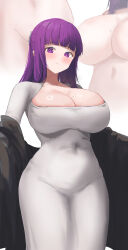 Rule 34 | 1girl, absurdres, blunt bangs, breasts, buta dong, cleavage, covered navel, dongtan dress, dress, fern (sousou no frieren), highres, large breasts, long hair, looking at viewer, meme attire, mole, mole on breast, multiple views, nude, purple eyes, purple hair, sousou no frieren, taut clothes, taut dress, very long hair, white dress