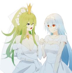 Rule 34 | 2girls, alternate costume, alternate hairstyle, backlighting, bad link, blue hair, breasts, bridal veil, cleavage, cowboy shot, crown, dress, girls&#039; frontline, green hair, holding hands, large breasts, light blue hair, long hair, looking at another, m950a (girls&#039; frontline), m950a (the warbler and the rose) (girls&#039; frontline), medium breasts, multiple girls, official alternate costume, red eyes, scar, small breasts, smile, stardust-kun, thunder (girls&#039; frontline), veil, very long hair, wedding dress, wife and wife, yellow eyes, yuri