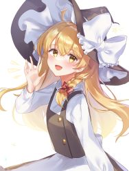 Rule 34 | 1girl, :d, absurdres, ahoge, ameria (artist), apron, black hat, black vest, blonde hair, blush, bow, braid, buttons, commentary, dot nose, hair between eyes, hair bow, hand up, hat, hat bow, highres, kirisame marisa, long hair, long sleeves, looking at viewer, open mouth, red bow, shirt, single braid, smile, solo, star (symbol), touhou, turtleneck, upper body, vest, waist apron, waving, white apron, white bow, white shirt, witch hat, yellow eyes