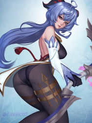 1girl, ahoge, ass, bare shoulders, blue hair, bodysuit, bow (weapon), breasts, cambion7, detached sleeves, from behind, ganyu (genshin impact), genshin impact, gloves, highres, horns, large breasts, leotard, long hair, looking at viewer, pantyhose, red eyes, shiny, shiny hair, sideboob, smile, solo, very long hair, waist cape, weapon