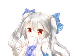 Rule 34 | 1girl, alternate hairstyle, blue bow, blue ribbon, blush, bow, commentary request, covering own mouth, detached sleeves, fingernails, fur collar, grey hair, hair between eyes, hair ribbon, highres, holding, holding stuffed toy, long fingernails, long hair, looking at viewer, ning hai (warship girls r), red eyes, ribbon, simple background, sleeveless, solo, stuffed animal, stuffed rabbit, stuffed toy, tengxiang lingnai, tsurime, twintails, v, warship girls r, white background, | |