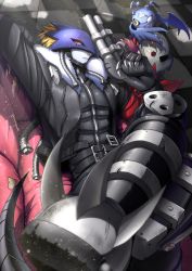 Rule 34 | 1boy, arm behind head, arm up, bat wings, beelzebumon, belt, black belt, black bodysuit, black jacket, black pants, blonde hair, bodysuit, checkered floor, claws, commentary request, couch, creature, digimon, digimon (creature), fang, fang out, fur jacket, glint, gun, handgun, hawe king, holding, holding gun, holding weapon, jacket, light rays, long sleeves, looking at viewer, lying, male focus, mask, multiple belts, on back, on couch, one eye closed, open clothes, open jacket, pants, parted lips, picodevimon, red eyes, shadow, short hair, skull, slit pupils, sunbeam, sunlight, toned, toned male, weapon, wings, yellow eyes, zipper