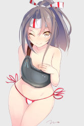 Rule 34 | 10s, 1girl, adapted costume, arm at side, bad id, bad pixiv id, bikini, bikini bottom only, breasts, brown eyes, collarbone, from above, groin, hachimaki, hair between eyes, headband, high ponytail, highres, kantai collection, light brown hair, lips, long hair, looking at viewer, muneate, one eye closed, side-tie bikini bottom, small breasts, smile, solo, swimsuit, tebi (tbd11), zuihou (kancolle)