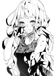 Rule 34 | 1girl, :d, blood, blood on face, blood on hands, checkered clothes, checkered shirt, choker, greyscale, hair between eyes, hand on own cheek, hand on own face, long hair, looking at viewer, monochrome, open mouth, outstretched arm, red riding hood (sinoalice), shirt, simple background, sinoalice, sketch, sleeveless, smile, solo, teeth, teroru, white background, white eyes, white hair