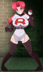 Rule 34 | 1girl, black footwear, black gloves, blue eyes, blush, boots, breasts, clenched teeth, creatures (company), earrings, full body, game freak, gloves, harubato, highres, huge breasts, jewelry, legs apart, long boots, long hair, nintendo, poke ball, pokemon, pokemon gsc, pokemon tcg, red hair, road, standing, street, team rocket, team rocket grunt, team rocket uniform, teeth, thigh boots, thighhighs, thighs, twintails, uniform, wall