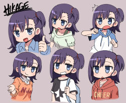 Rule 34 | 1girl, blue eyes, blue shirt, character name, clenched teeth, closed mouth, collared shirt, commentary, haaam, hood, hoodie, light blush, long hair, long sleeves, looking at viewer, looking to the side, miyauchi hikage, multiple views, non non biyori, open mouth, purple background, purple hair, shirt, short sleeves, side ponytail, simple background, smile, surprised, teeth, thumbs up, upper body, white shirt