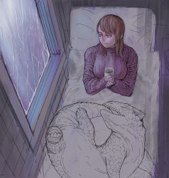 Rule 34 | breasts, brown hair, closed mouth, commentary, cup, dated commentary, dragon, english commentary, from above, holding, holding cup, indoors, large breasts, long sleeves, original, pillow, purple eyes, purple sweater, ribbed sweater, sitting, smile, solo, sweater, window, y naf