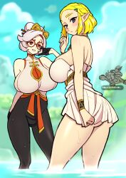 Rule 34 | 2girls, absurdres, ass, back, bare shoulders, bareback, black gloves, black pants, blonde hair, blue eyes, blurry, blurry background, blush, breasts, chestnut mouth, cleavage, cloud, cowboy shot, curvy, day, dress, elf, eyeshadow, glasses, gloves, half-closed eyes, highres, huge breasts, in water, japanese text, kakuzatou (satousatotototo), legs, makeup, miniskirt, multiple girls, nintendo, outdoors, pants, pointy ears, princess zelda, purah, red eyes, red eyeshadow, shiny skin, shirt, short hair, sideboob, skin tight, skindentation, skirt, sky, standing, sweat, the legend of zelda, the legend of zelda: breath of the wild, the legend of zelda: tears of the kingdom, thick thighs, thighs, translation request, wet, white dress, white hair, white shirt, white skirt, wide hips