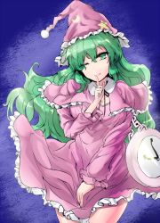 Rule 34 | 1girl, ;), breasts, capelet, cleavage, closed mouth, commentary request, cowboy shot, dress, green eyes, green hair, hair between eyes, hat, highres, index finger raised, kazami yuuka, kazami yuuka (pc-98), large breasts, long hair, long sleeves, looking at viewer, nightcap, one eye closed, pajamas, purple dress, smile, solo, touhou, touhou (pc-98), very long hair, wavy hair, y2